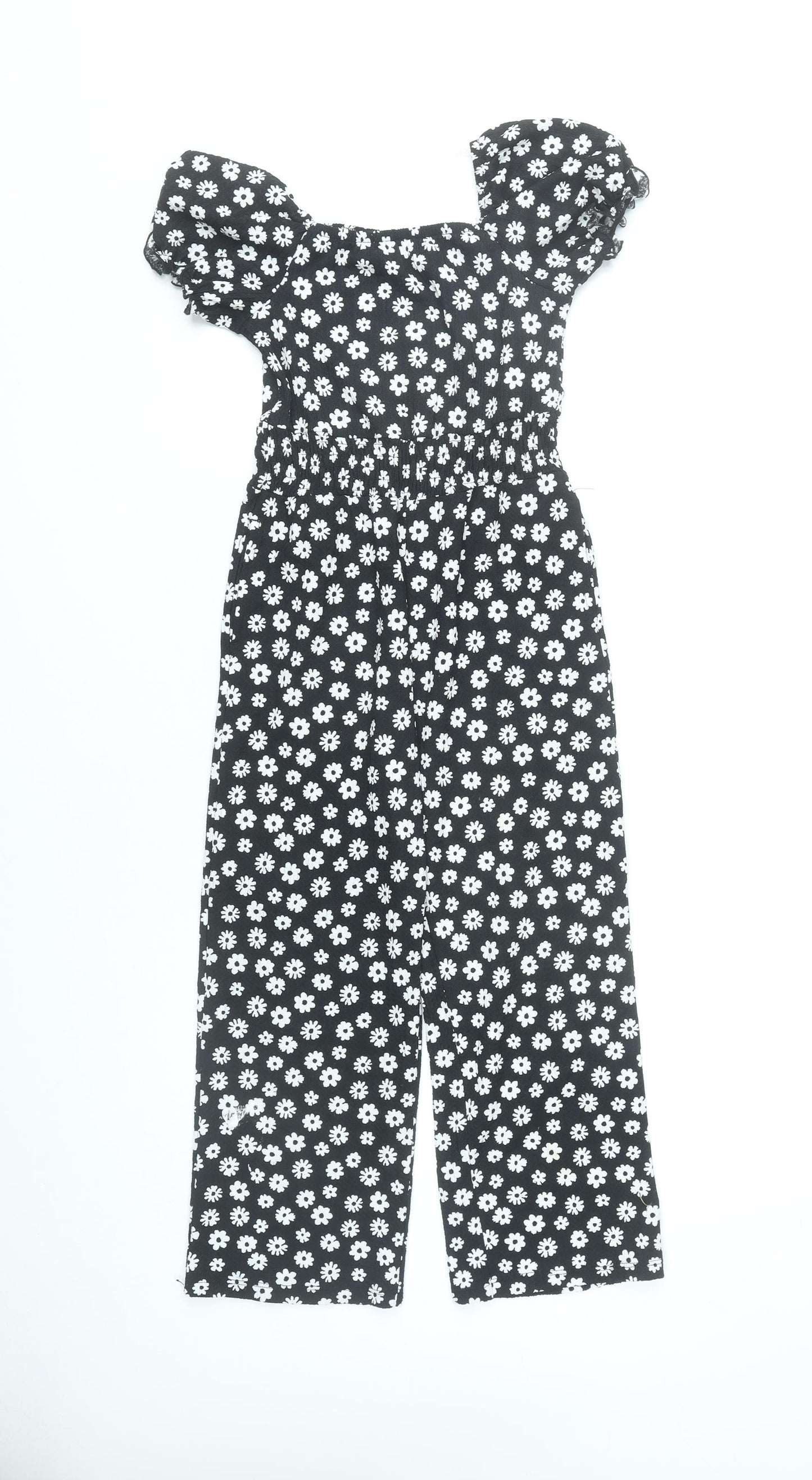 F&F Girls Black Floral Jumpsuit 7-8 Years Square Neck Short Sleeve