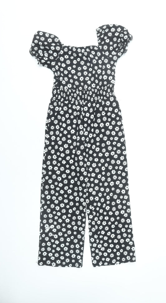 F&F Girls Black Floral Jumpsuit 7-8 Years Square Neck Short Sleeve