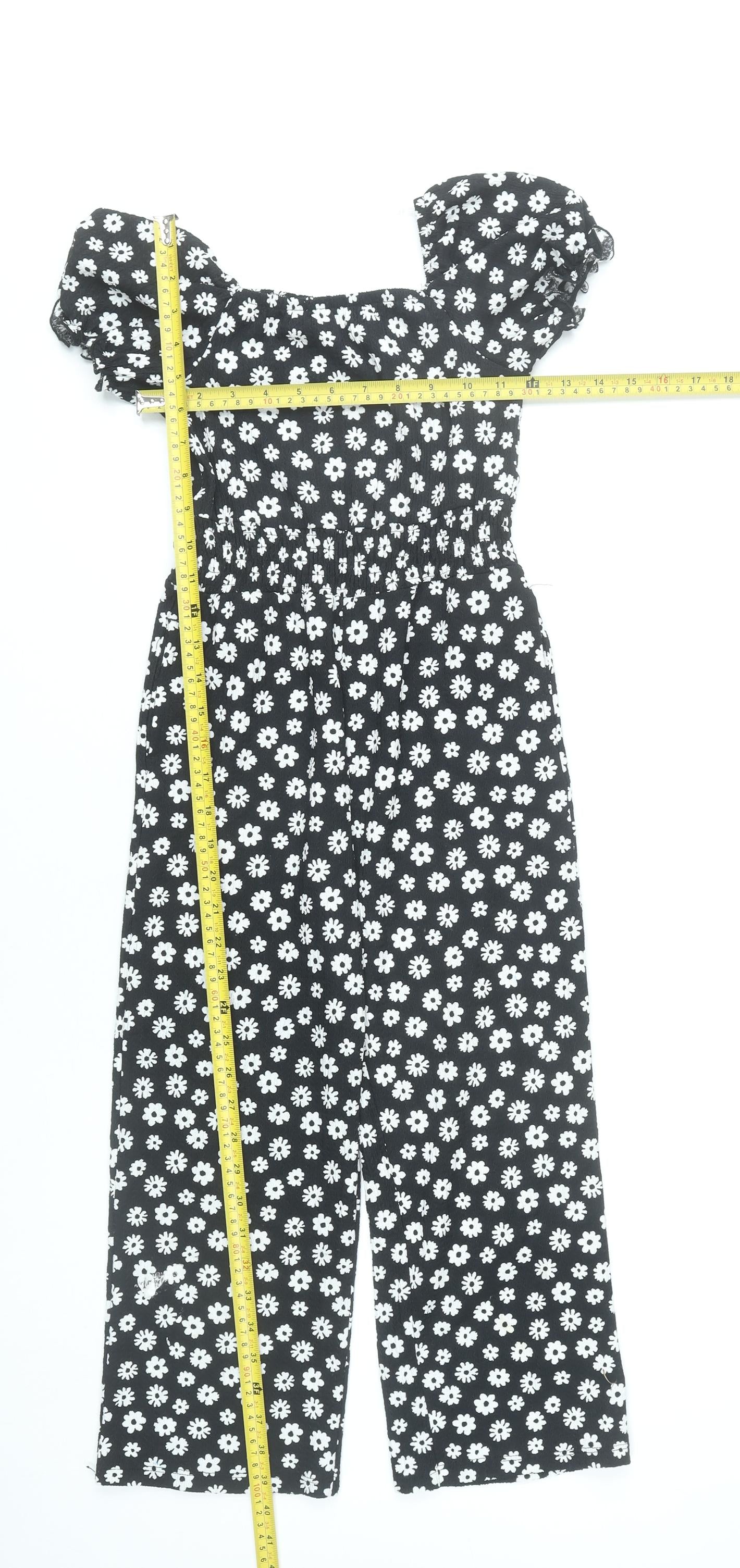 F&F Girls Black Floral Jumpsuit 7-8 Years Square Neck Short Sleeve