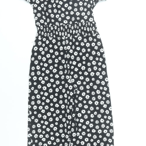 F&F Girls Black Floral Jumpsuit 7-8 Years Square Neck Short Sleeve