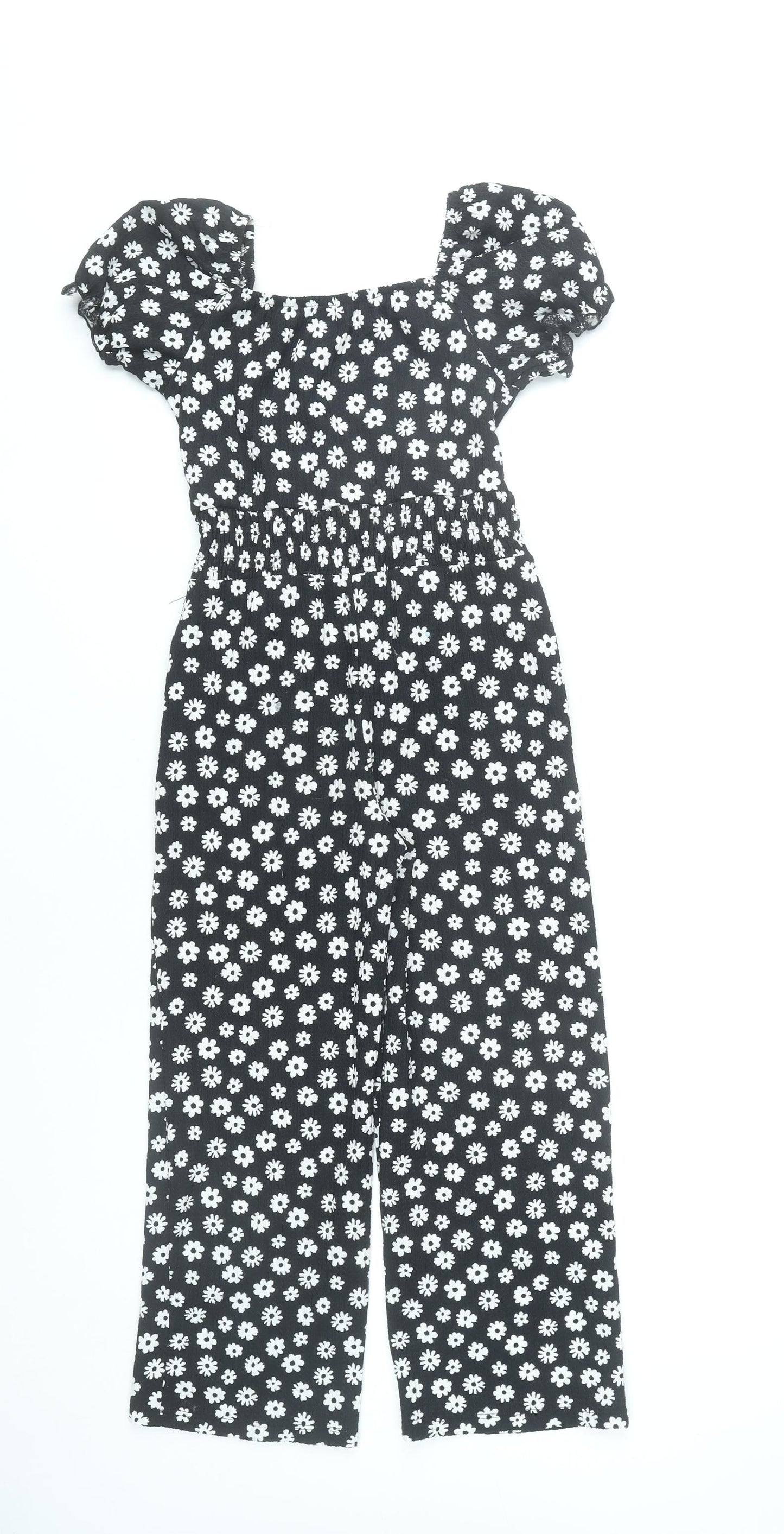 F&F Girls Black Floral Jumpsuit 7-8 Years Square Neck Short Sleeve