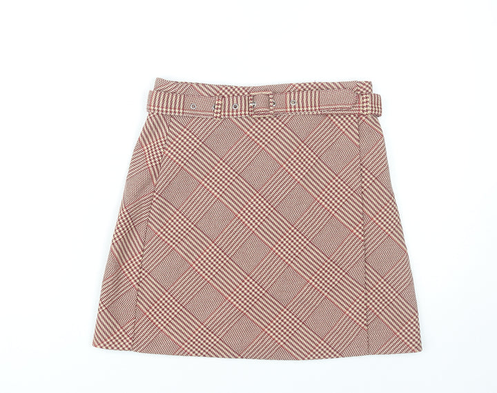H&M Women’s Red Check A-Line Tweed Skirt UK 8 Knee Length