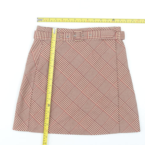 H&M Women’s Red Check A-Line Tweed Skirt UK 8 Knee Length