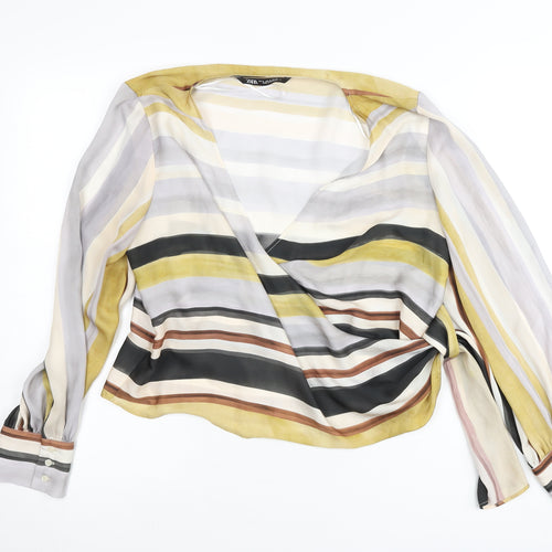 Zara Womens Multicoloured Striped Wrap Blouse Size M Long Sleeve