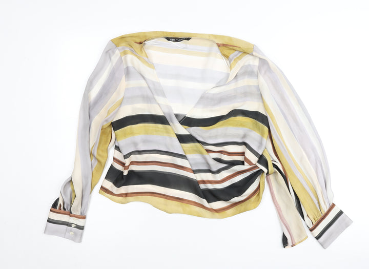 Zara Womens Multicoloured Striped Wrap Blouse Size M Long Sleeve