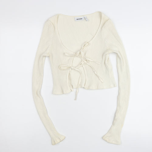 Weekday Womens Ivory Ribbed Cropped Tie Blouse Small