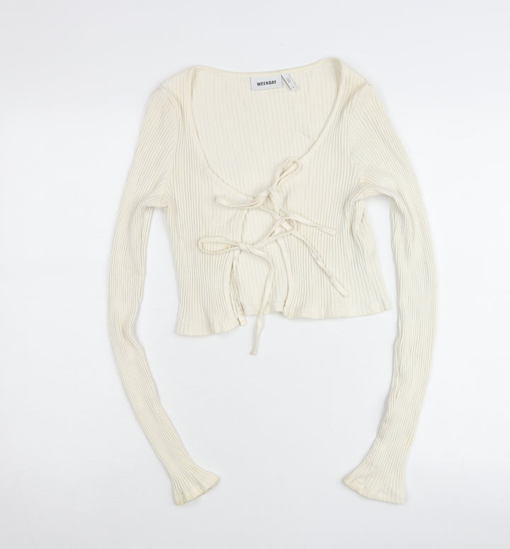 Weekday Womens Ivory Ribbed Cropped Tie Blouse Small