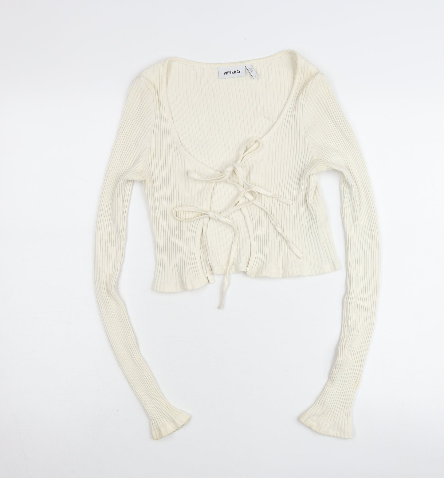 Weekday Womens Ivory Ribbed Cropped Tie Blouse Small