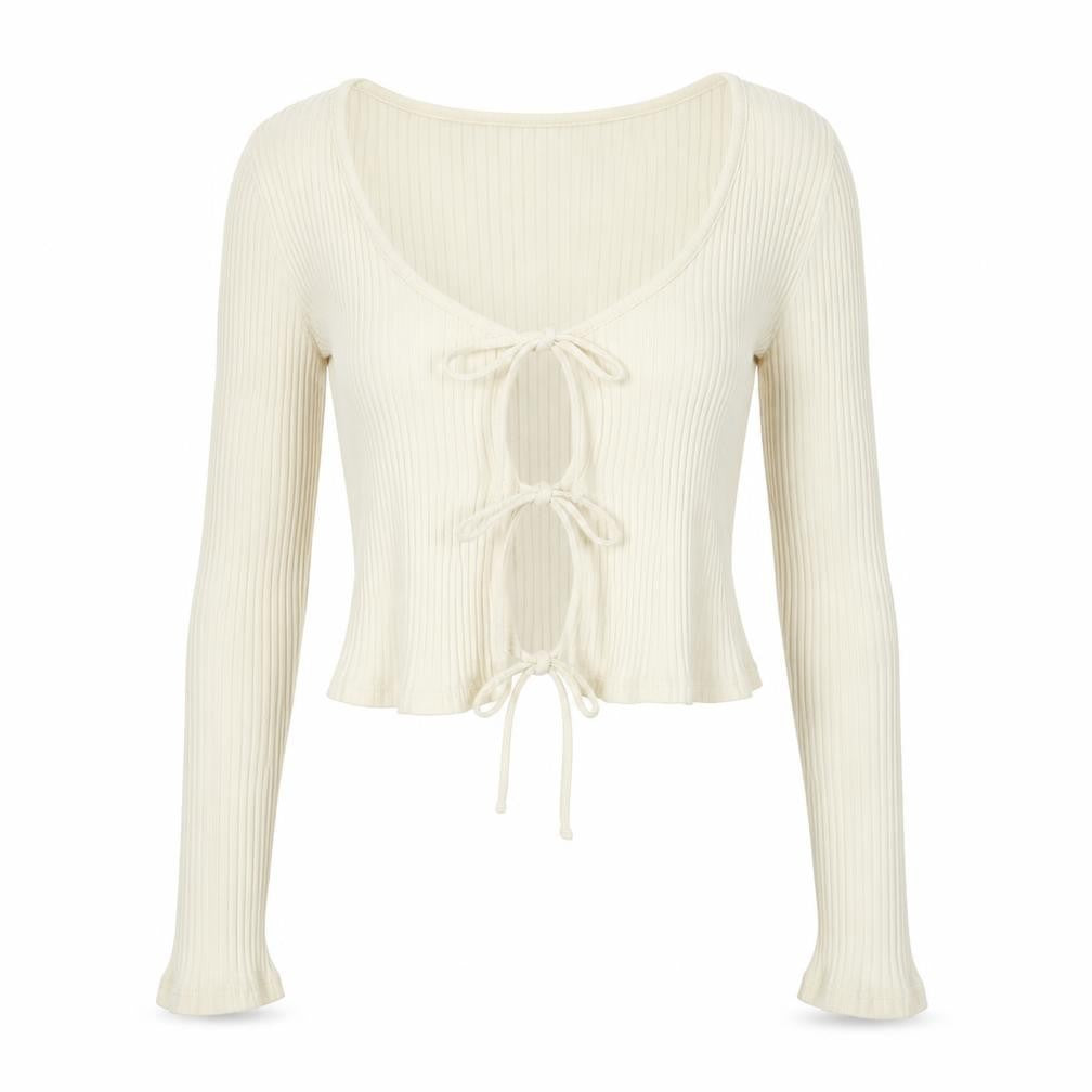 Front view of Weekday women’s ivory ribbed cropped tie blouse small