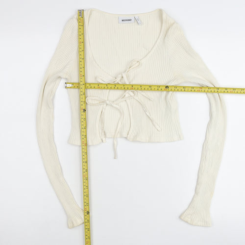 Weekday Womens Ivory Ribbed Cropped Tie Blouse Small