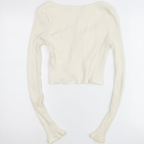 Weekday Womens Ivory Ribbed Cropped Tie Blouse Small