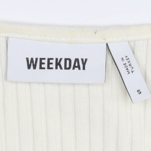 Weekday Womens Ivory Ribbed Cropped Tie Blouse Small