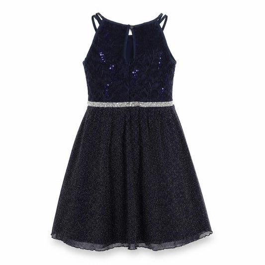 Front view of iEFiEL Teens Blue Sequin Fit & Flare Halter Cocktail Dress, size 10