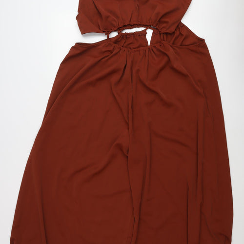 Cider Women Brown XL Sleeveless Wide-Leg Halter Jumpsuit