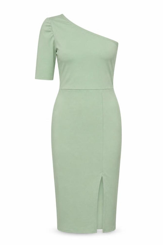 Front view of PRETTYLITTLETHING Women’s Green One Shoulder Bodycon Midi Dress, size UK 8
