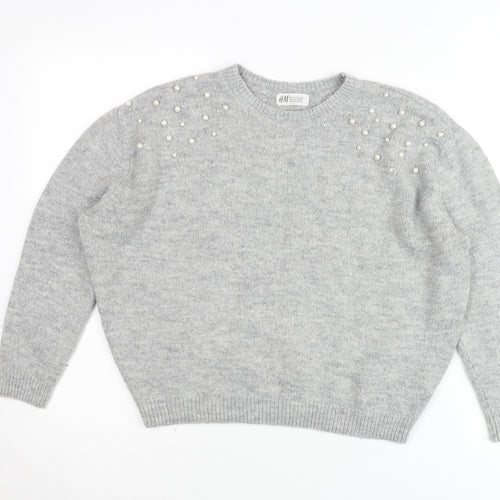 H&M Teens Grey Beaded Crew Neck Pullover Jumper Size 12 Slim