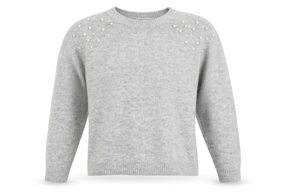 Front view of H&M Teens Grey Beaded Crew Neck jumper, size 12 Slim