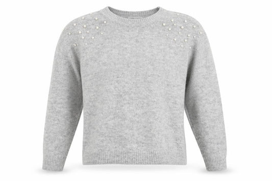 Front view of H&M Teens Grey Beaded Crew Neck jumper, size 12 Slim