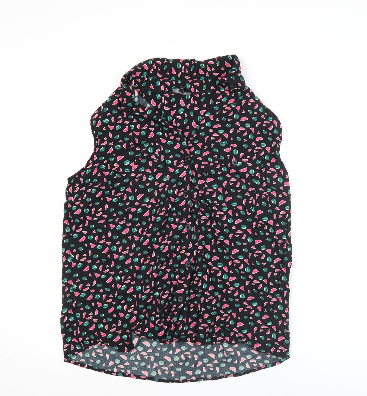 Next Women’s Black Fruit Print Sleeveless Viscose Blouse Size 14