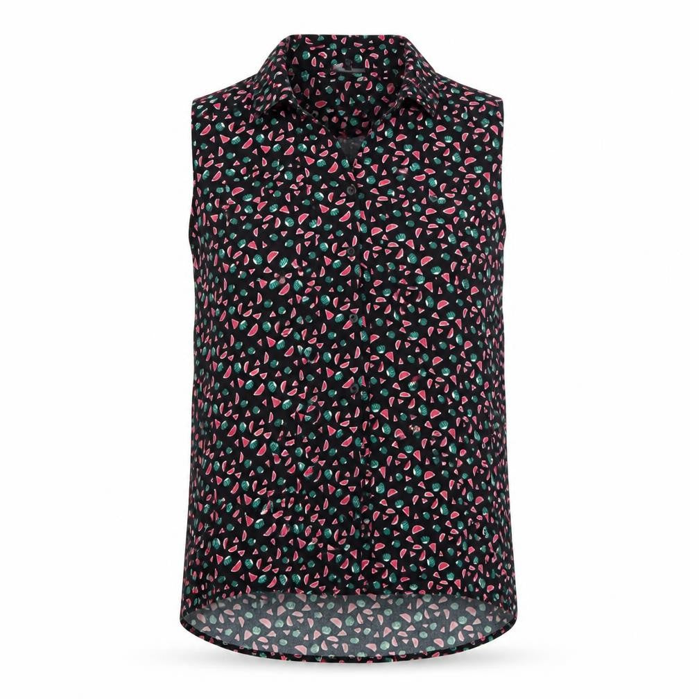 Front view of Next Women’s Black Fruit Print Sleeveless Viscose Blouse, size UK 14