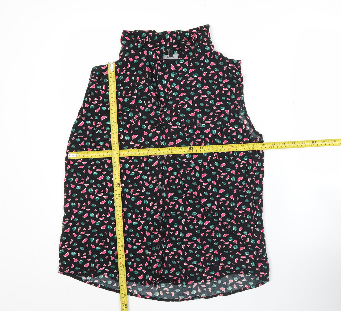 Next Women’s Black Fruit Print Sleeveless Viscose Blouse Size 14