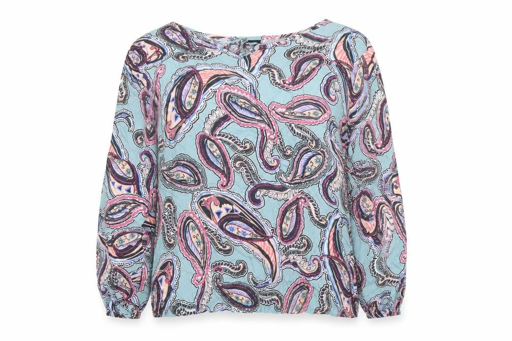Front view of Barbara Lebek women’s multicoloured paisley blouse, size UK 12, tunic style