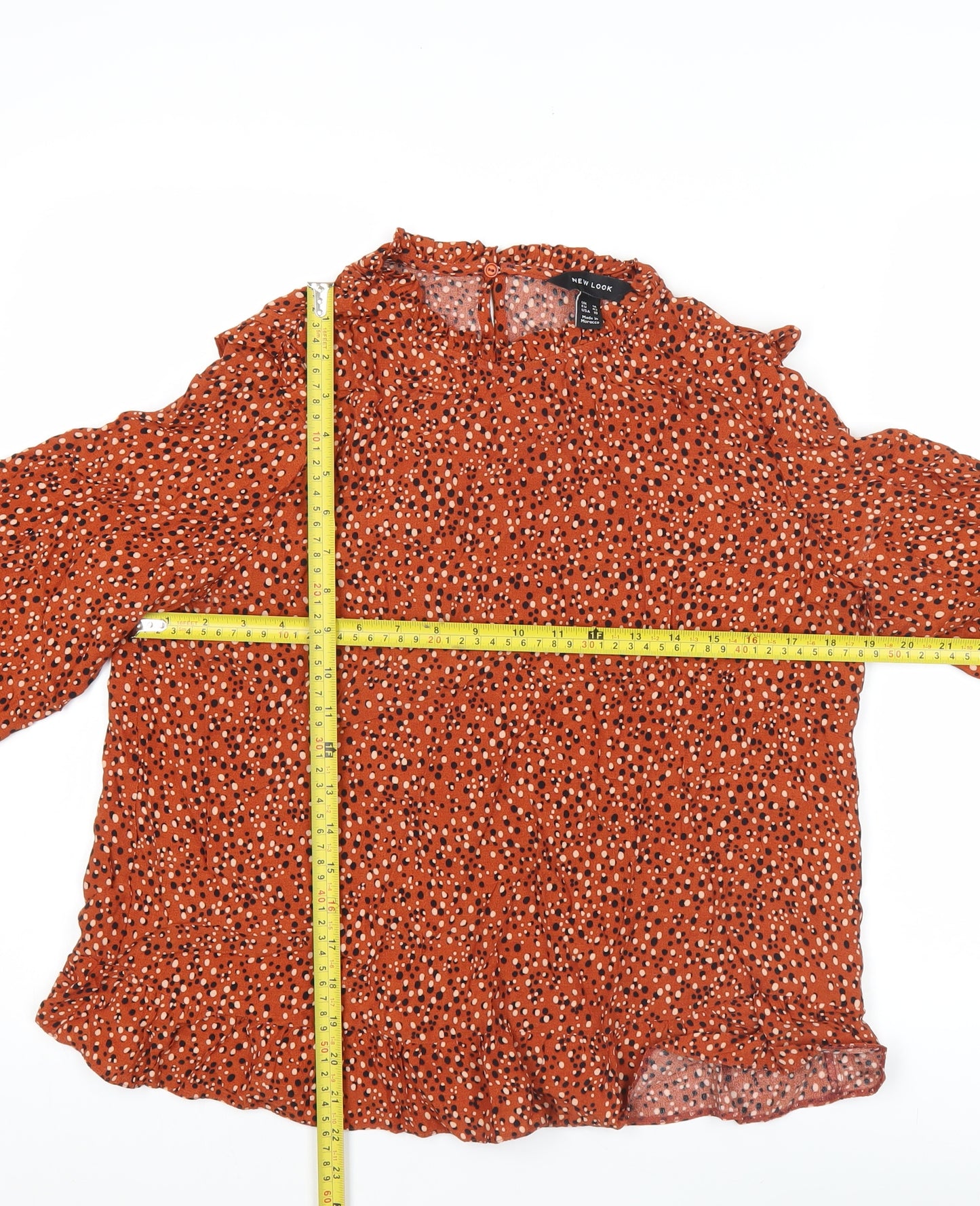 New Look Women’s Orange Polka Dot Ruffle High Neck Blouse Size 14