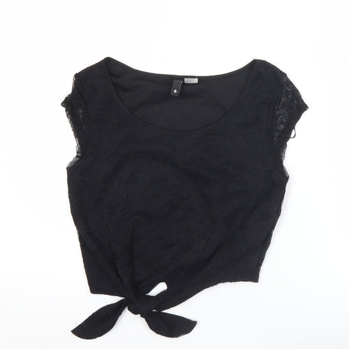 H&M Divided Women's Black Lace Crop Blouse Size 4 Sleeveless Tie Front