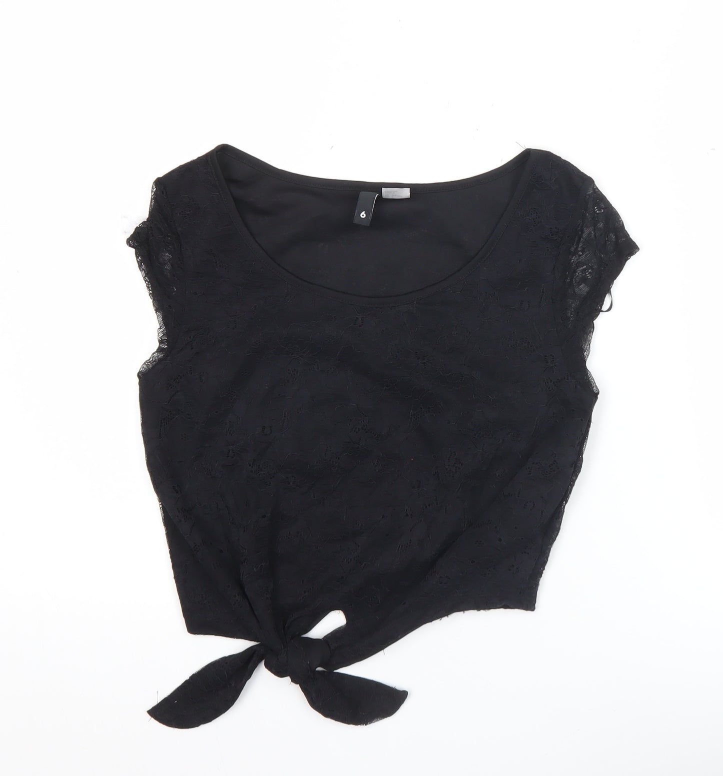 H&M Divided Women's Black Lace Crop Blouse Size 4 Sleeveless Tie Front