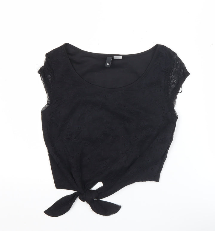 H&M Divided Women's Black Lace Crop Blouse Size 4 Sleeveless Tie Front