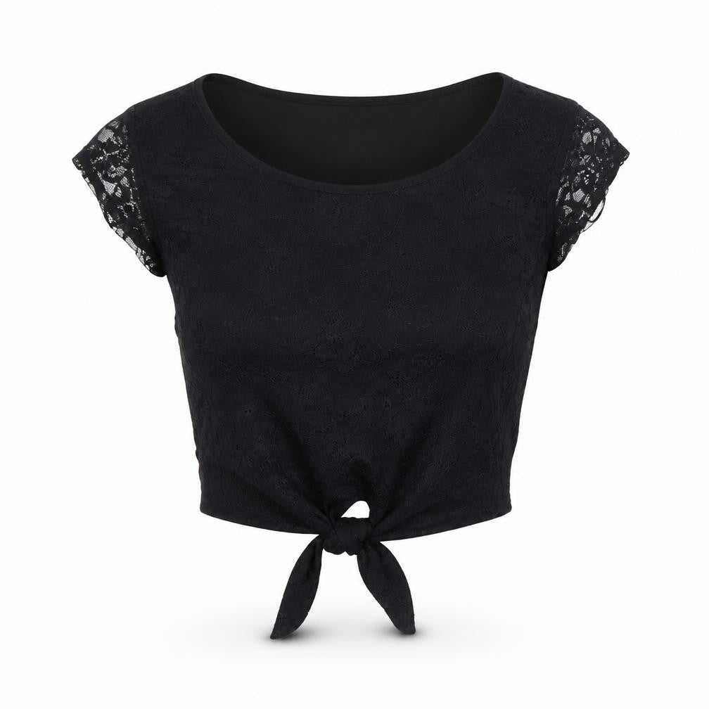 H&M Divided Women's Black Lace Crop Blouse Size 4 Sleeveless Tie Front