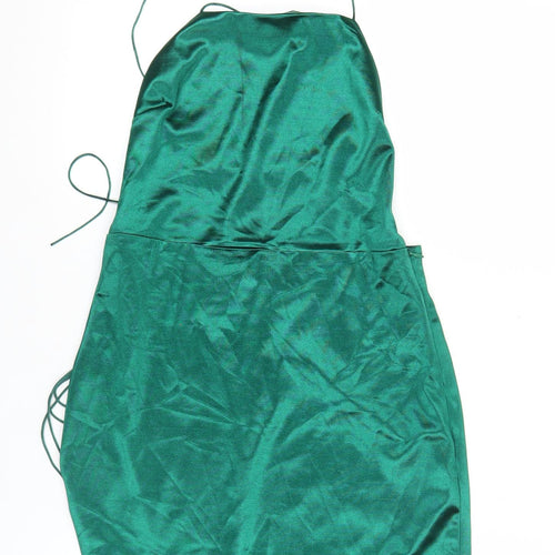 PrettyLittleThing Women Green Size 12 Satin Slip Halter Mini Dress