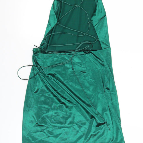 PrettyLittleThing Women Green Size 12 Satin Slip Halter Mini Dress