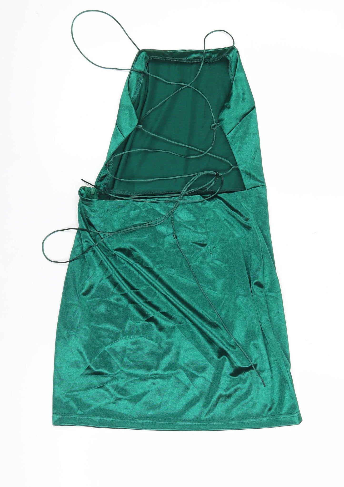 PrettyLittleThing Women Green Size 12 Satin Slip Halter Mini Dress