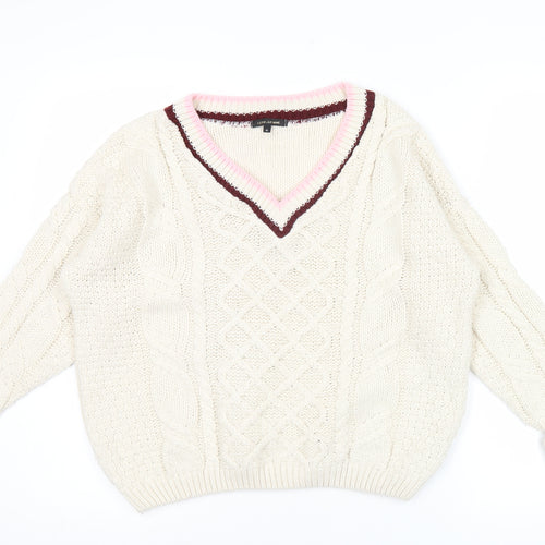 River Island Women’s Ivory V-Neck Cable-Knit Jumper Size 6