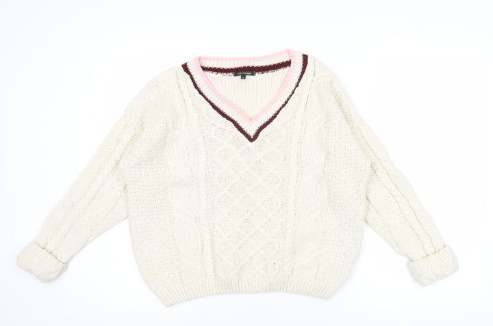 River Island Women’s Ivory V-Neck Cable-Knit Jumper Size 6