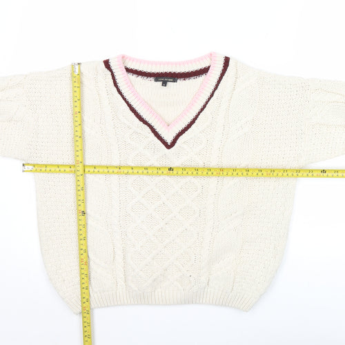 River Island Women’s Ivory V-Neck Cable-Knit Jumper Size 6