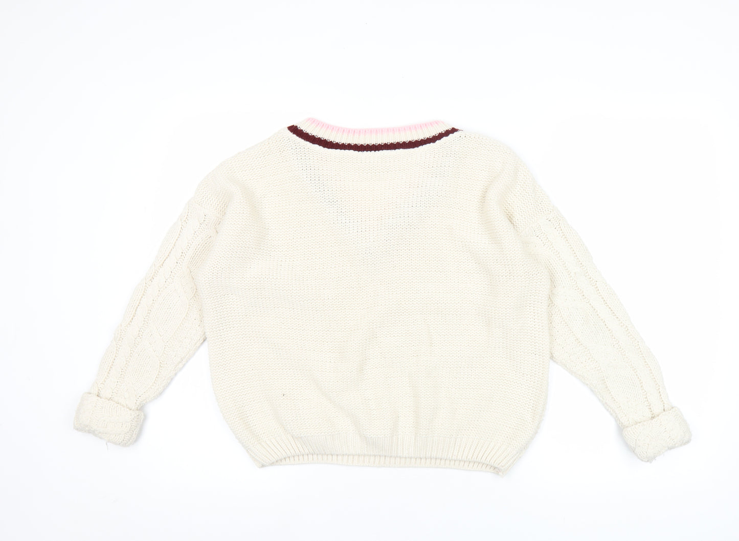 River Island Women’s Ivory V-Neck Cable-Knit Jumper Size 6