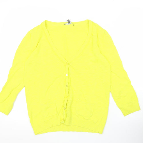 Laura Ashley Womens Yellow Cardigan UK 8 V-Neck Linen Cotton 3/4 Sleeve