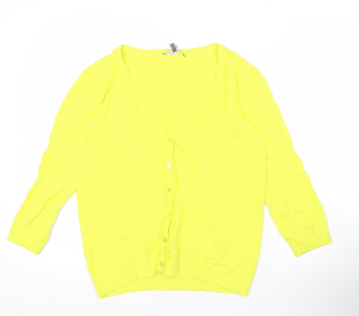 Laura Ashley Womens Yellow Cardigan UK 8 V-Neck Linen Cotton 3/4 Sleeve