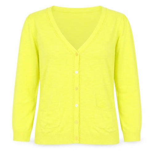 Laura Ashley Womens Yellow Cardigan UK 8 V-Neck Linen Cotton 3/4 Sleeve