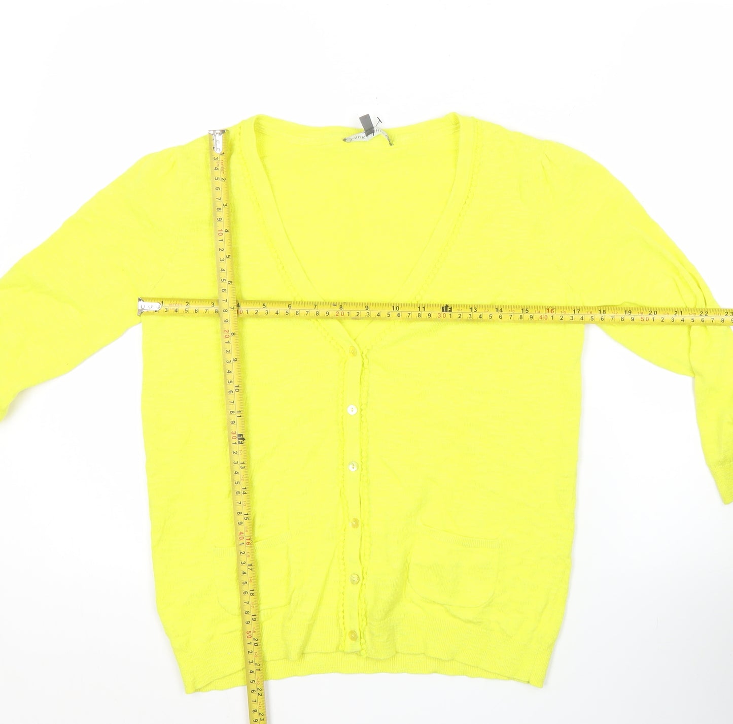 Laura Ashley Womens Yellow Cardigan UK 8 V-Neck Linen Cotton 3/4 Sleeve