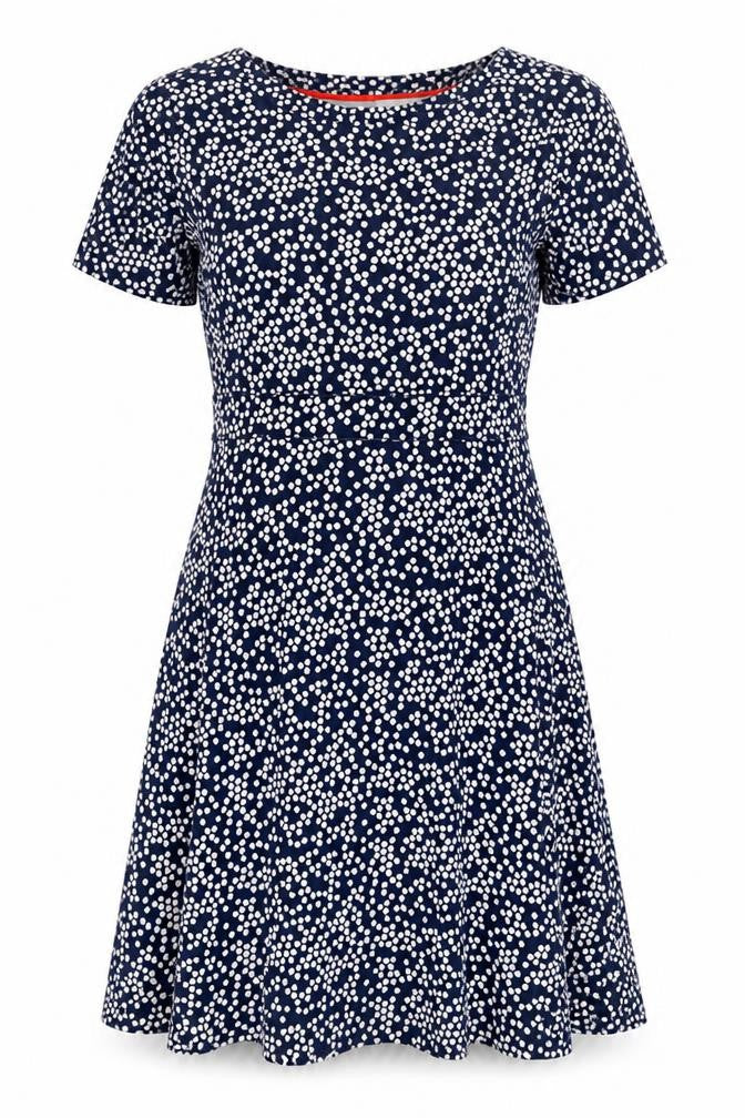 Front view of Boden Women's Blue Polka Dot Viscose Elastane Tunic Blouse, size 12