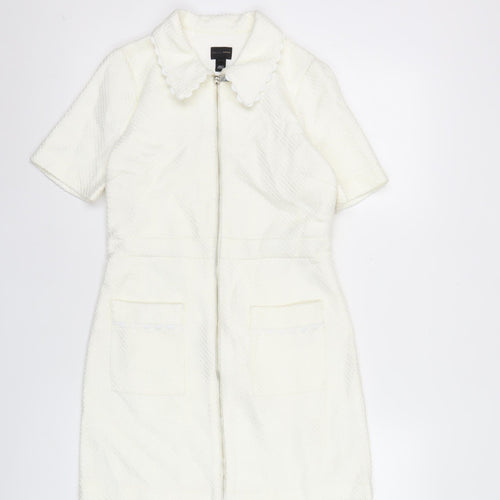 River Island Women White Shift Dress Size 6 Collared Zip Casual