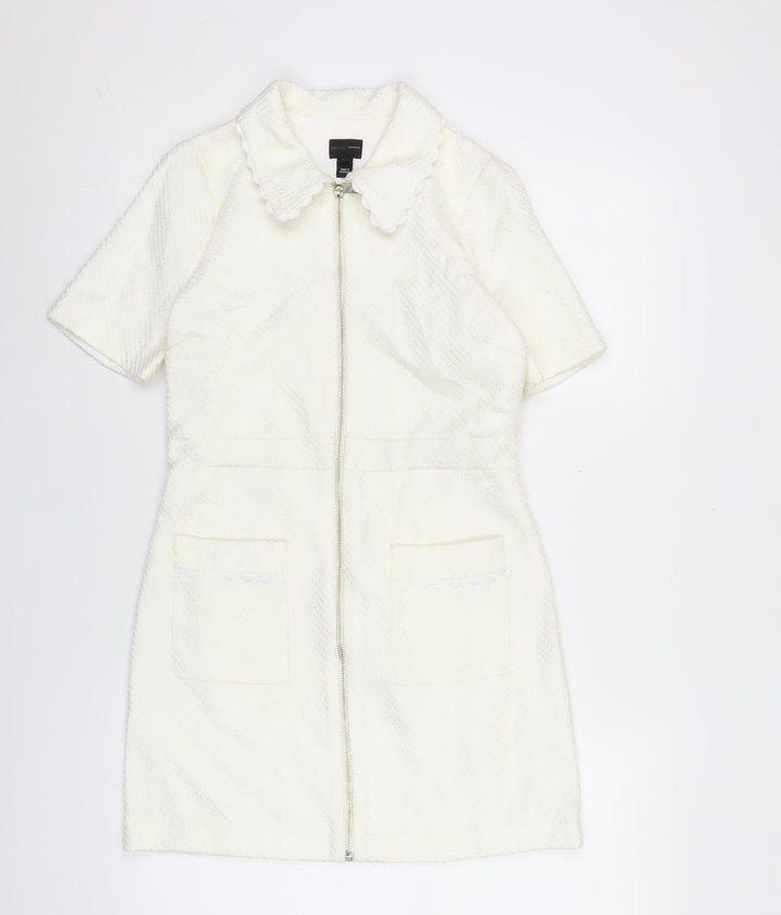 River Island Women White Shift Dress Size 6 Collared Zip Casual