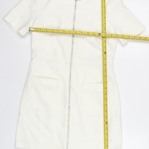 River Island Women White Shift Dress Size 6 Collared Zip Casual
