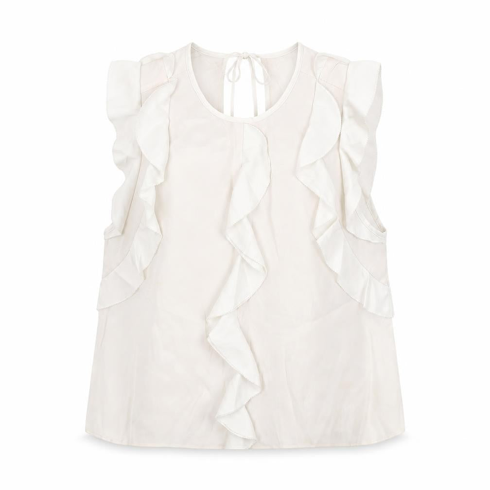Front view of Alexis women’s ivory silk ruffle sleeveless blouse, size S