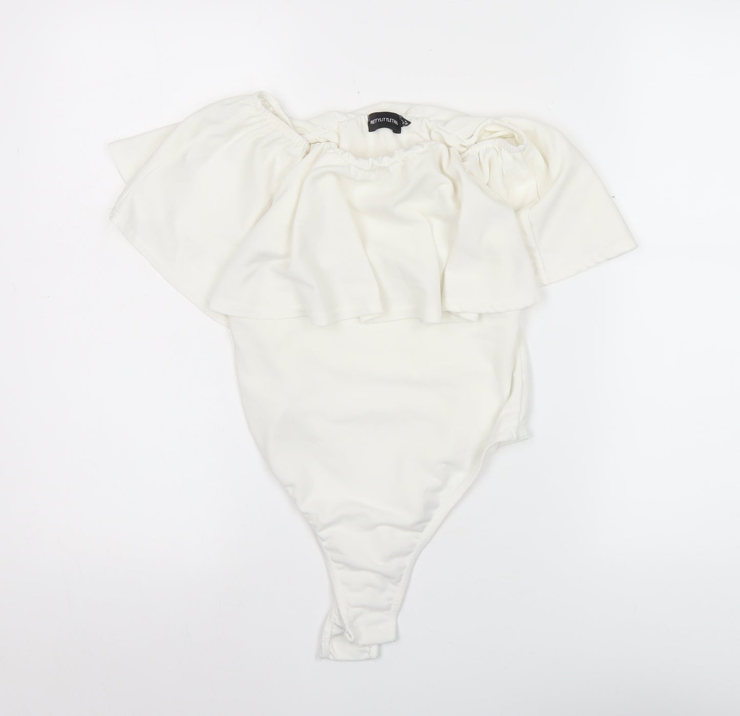 PrettyLittleThing Women White Size 8 Off Shoulder Ruffle Bodysuit Blouse