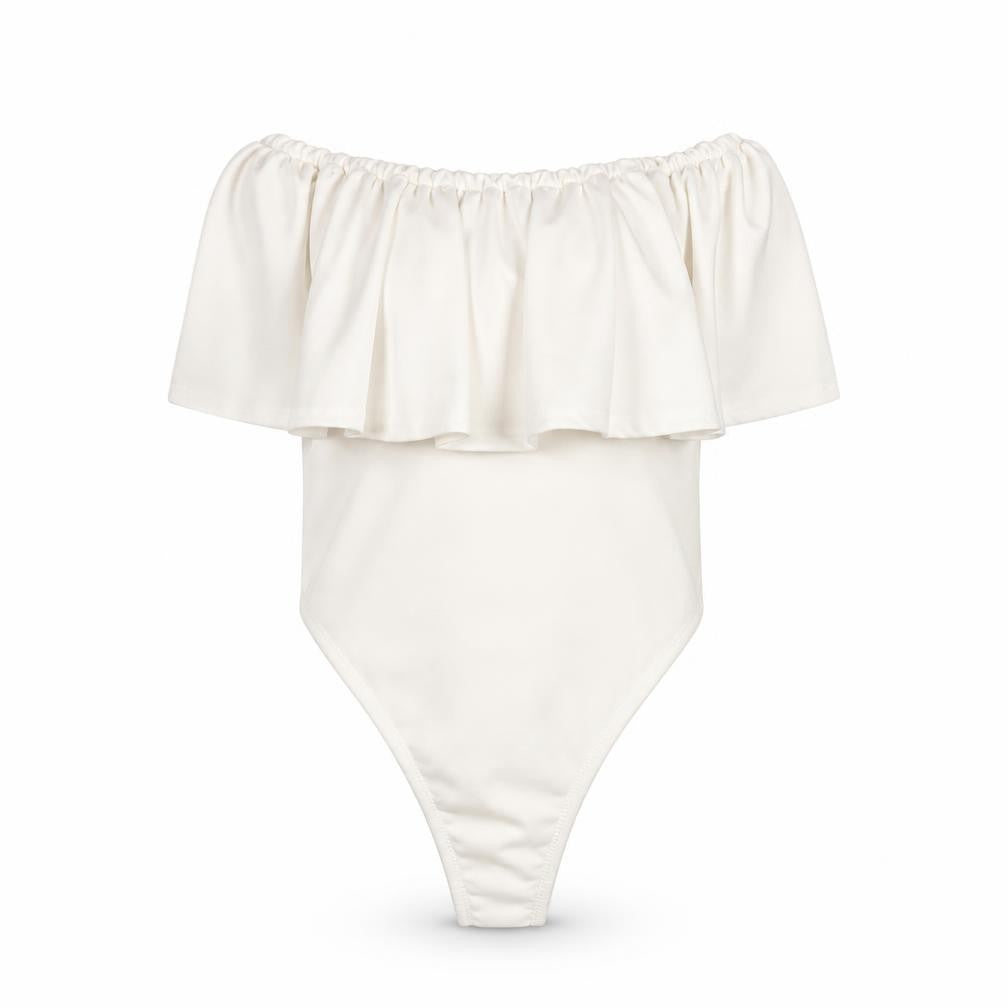 Front view of PRETTYLITTLETHING Women White, size 8, Off Shoulder Ruffle Bodysuit Blouse