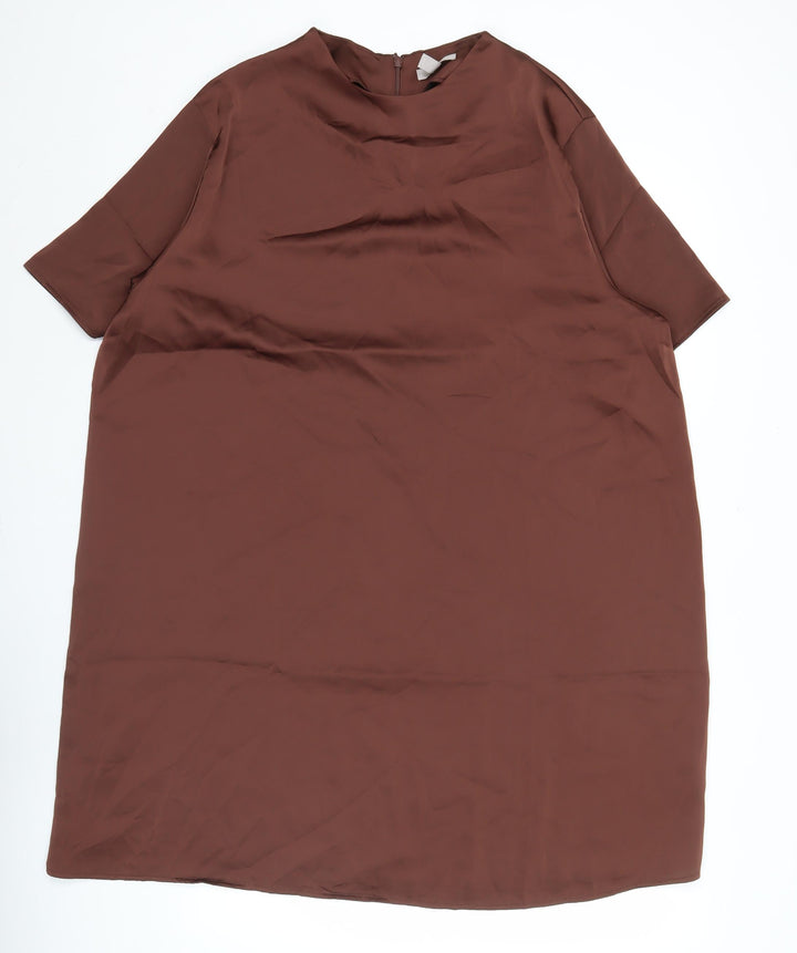 H&M Women Brown Shift Dress XL Half Sleeve High Neck Knee Length